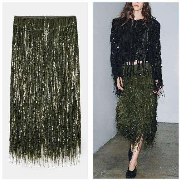Zara Dresses & Skirts - Zara Fringed Sequin Green Tassel Midi Skirt 9125/101 Size Large Party Cocktail